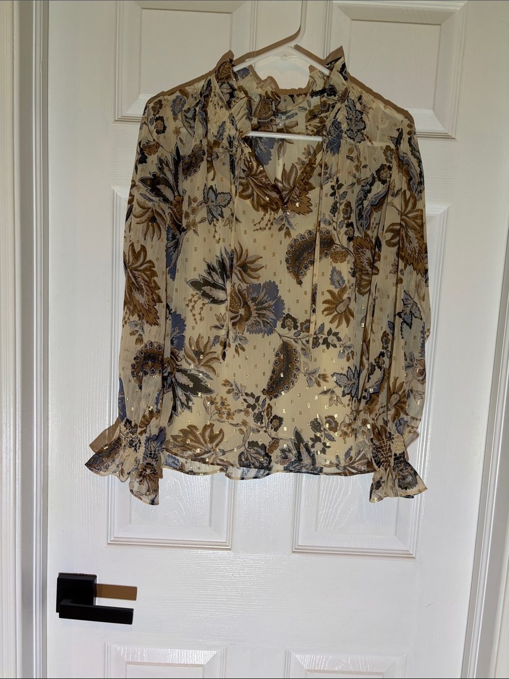 Sheer Floral Tie-Neck Blouse in Cream and Brown